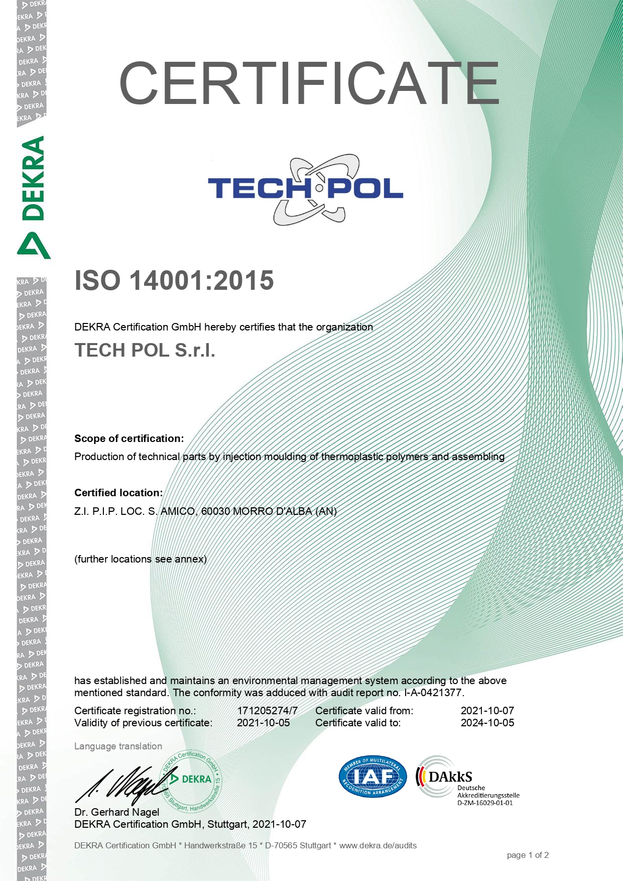 Certificazione UNI EN ISO 14001:2015 DEKRA